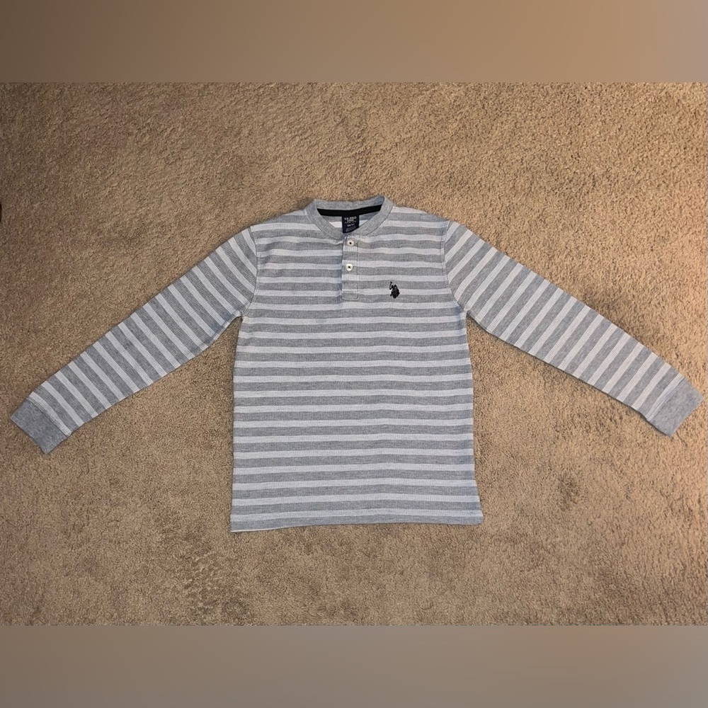 US Polo Assn Boys Gray Striped Waffle Pullover Thermal Long-Sleeve Size 10/12